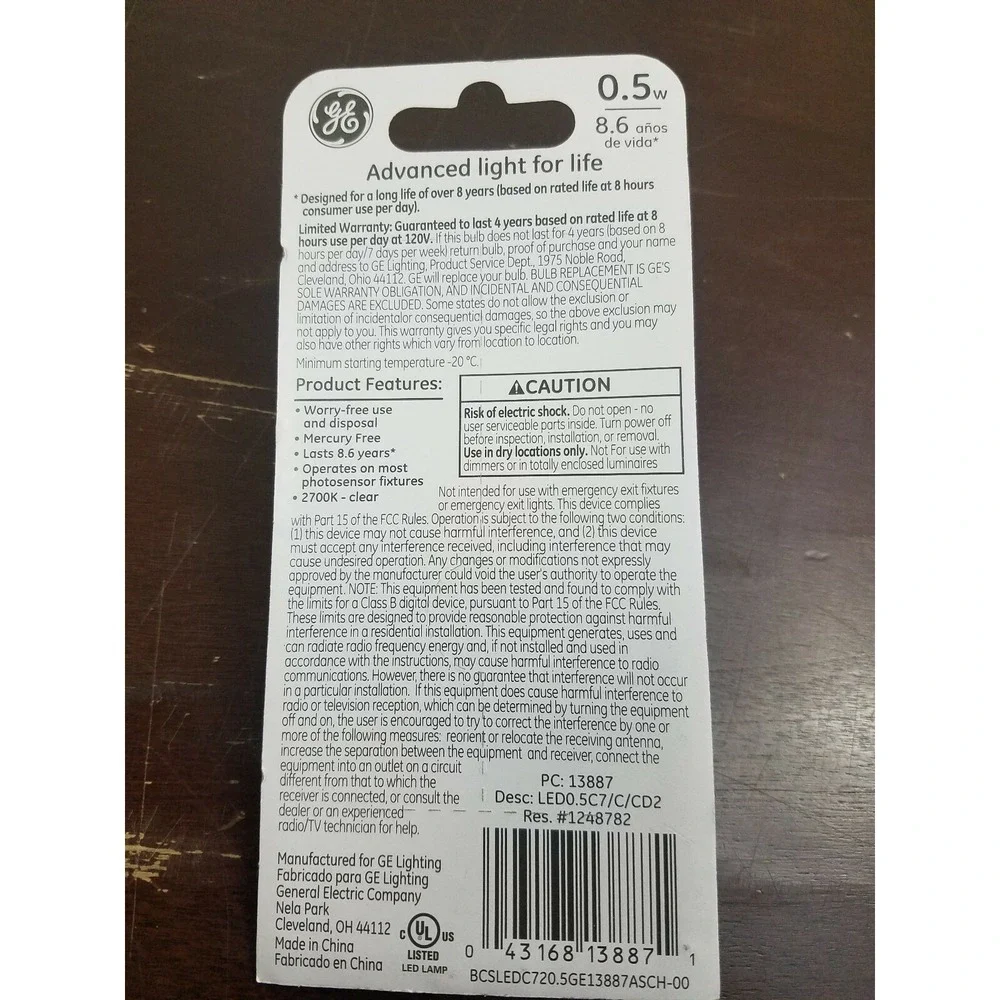 GE 2PK 5W C7 LED Bulb,No 13887, ‎ G E Lighting Night Light replacement bulb